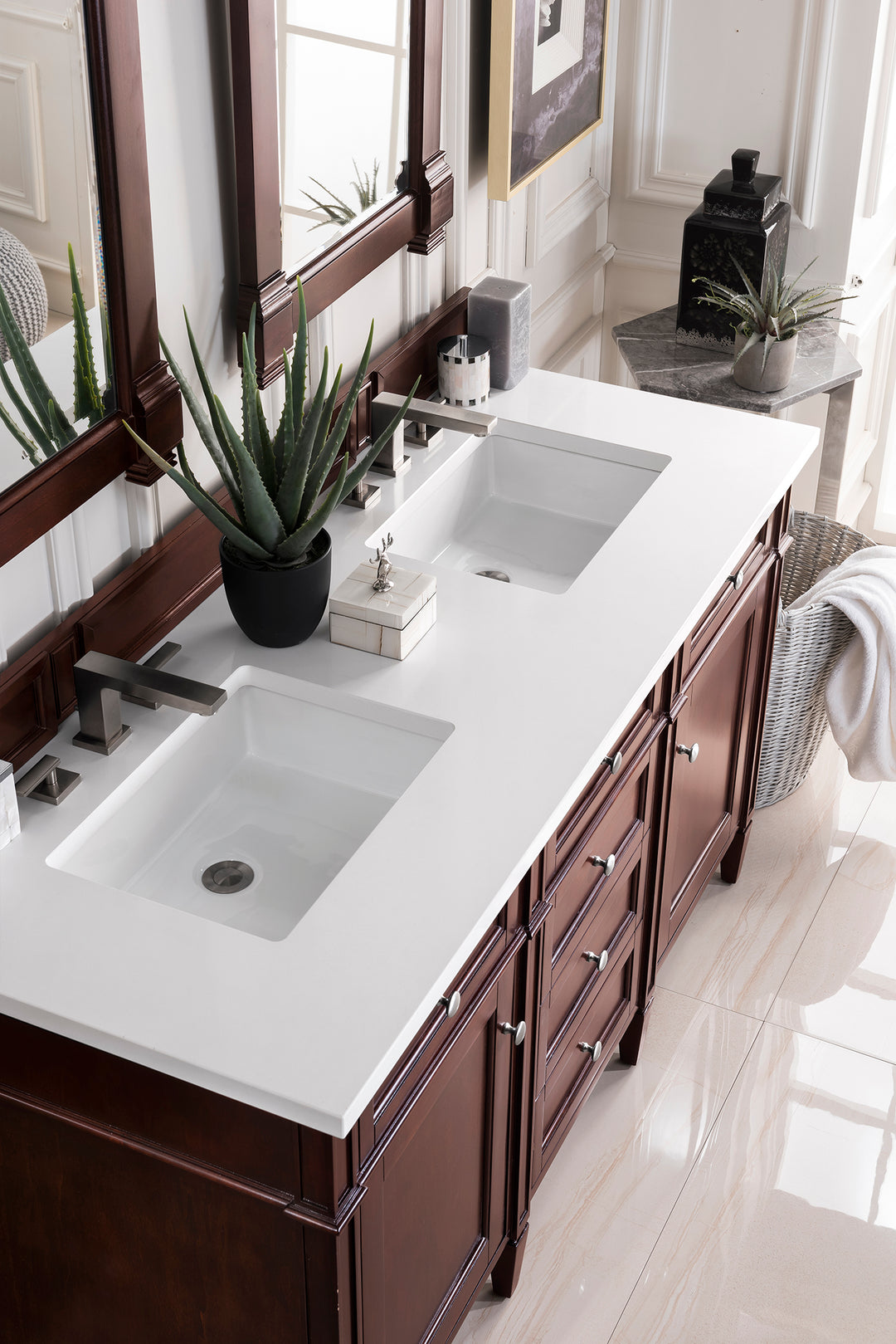 Brittany 60" Double Vanity, Burnished Mahogany w/ 3 CM White Zeus Silestone Top