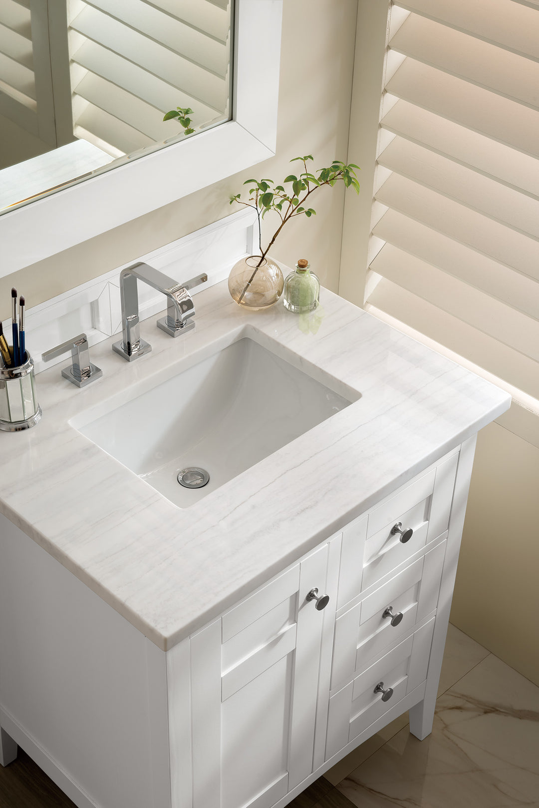 Palisades 30" Single Vanity, Bright White w/ 3 CM Arctic Fall Solid Surface Top