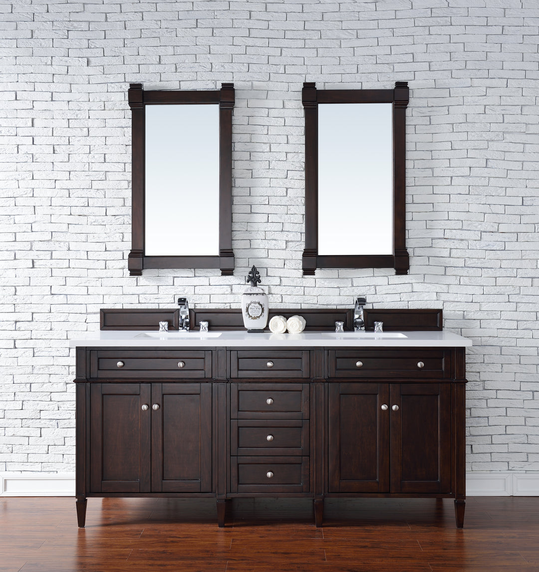 Brittany 72" Double Vanity, Burnished Mahogany w/ 3 CM White Zeus Silestone Top