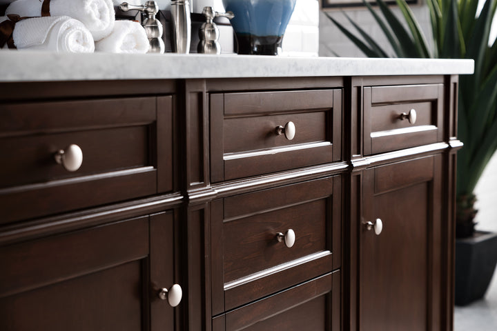 Brittany 60" Double Vanity, Burnished Mahogany w/ 3 CM Arctic Fall Solid Surface Top