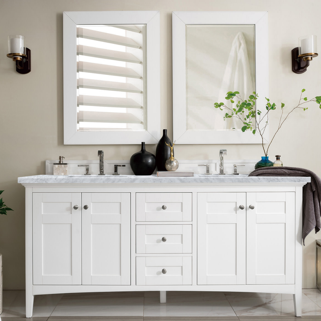 Palisades 72" Double Vanity, Bright White w/ 3 CM Carrara Marble Top
