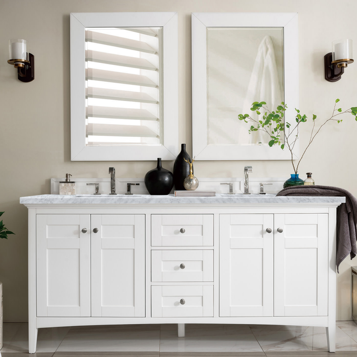 Palisades 72" Double Vanity, Bright White w/ 3 CM Carrara Marble Top