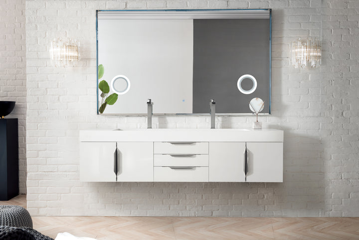 Columbia 72" Double Wall Mount Vanity, Glossy White, Brushed Nickel w/ Glossy White Composite Stone Top