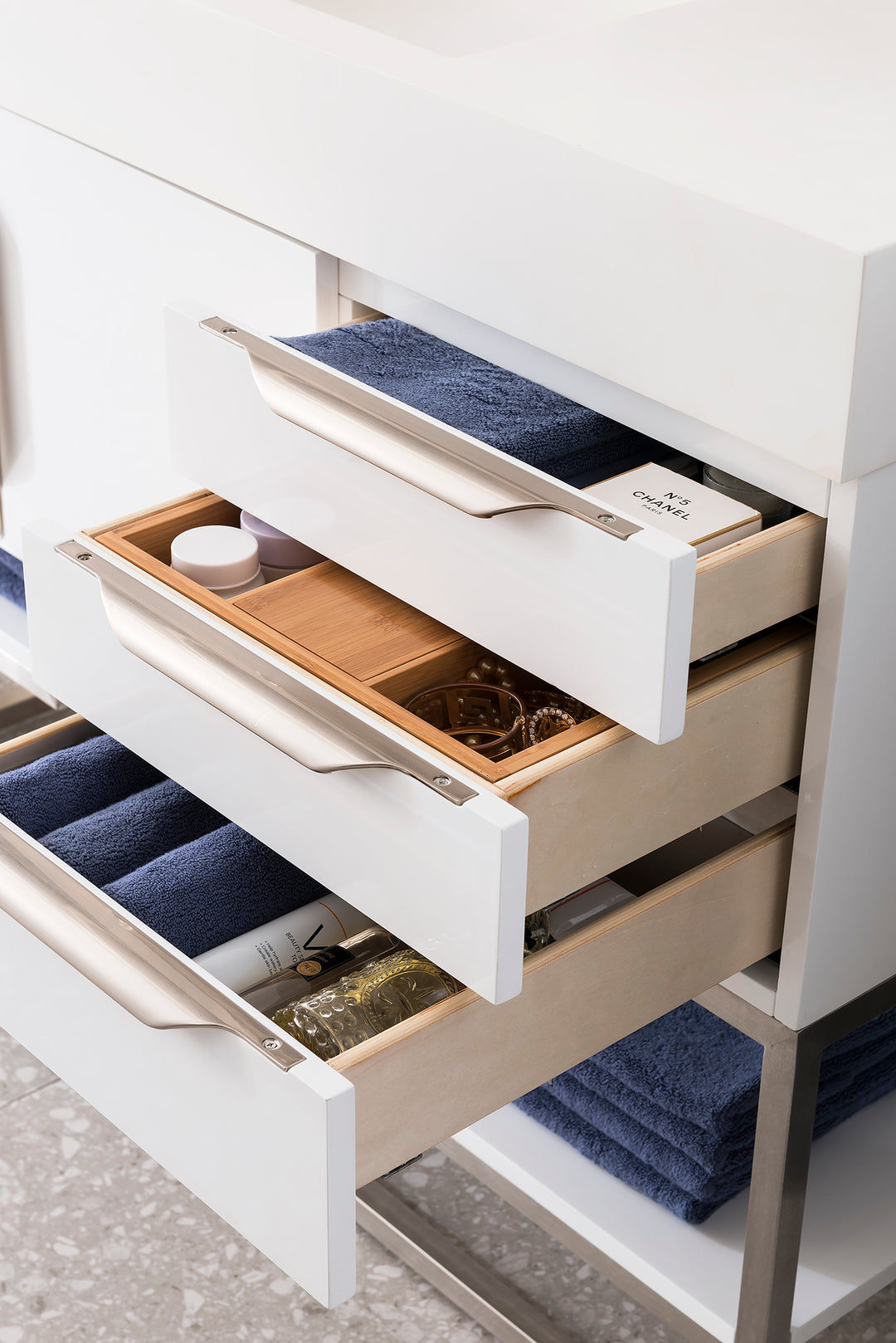 Columbia 48" Single Vanity, Glossy White, Brushed Nickel w/ Glossy White Composite Stone Top