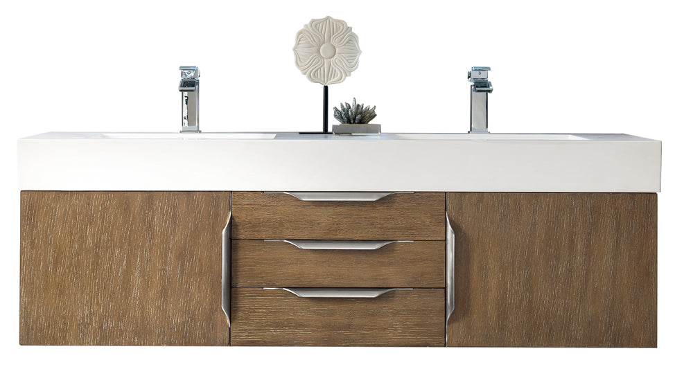 Columbia 59" Double Wall Mount Vanity, Latte Oak, Brushed Nickel w/ Glossy White Composite Stone Top