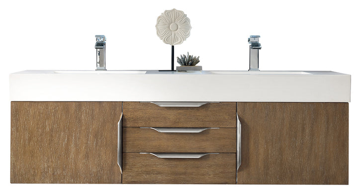 Columbia 59" Double Wall Mount Vanity, Latte Oak, Brushed Nickel w/ Glossy White Composite Stone Top