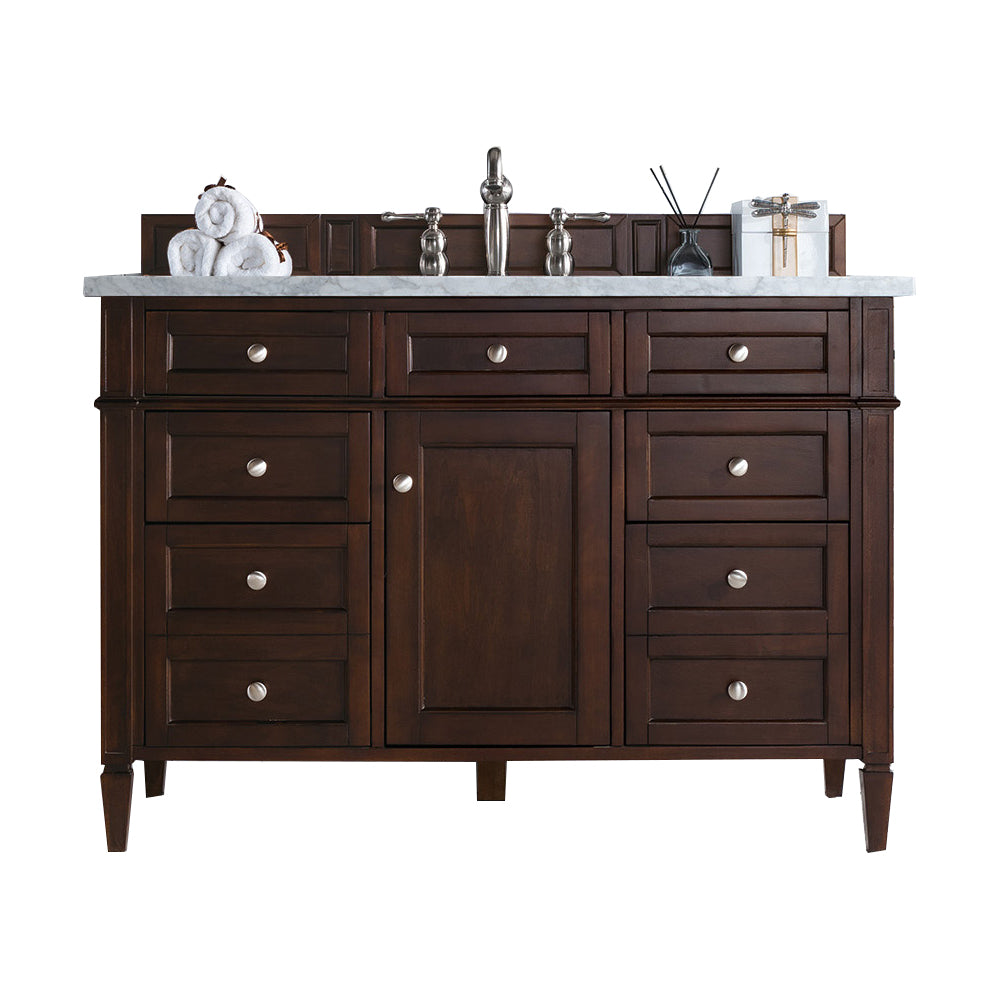 Brittany 48" Single Vanity, Burnished Mahogany w/ 3 CM Carrara Marble Top
