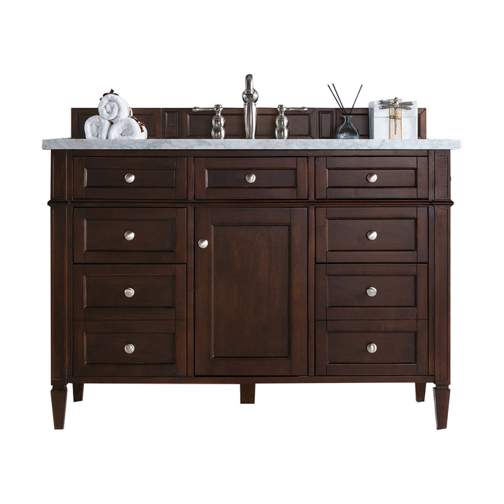 Brittany 48" Single Vanity, Burnished Mahogany w/ 3 CM Eternal Jasmine Pearl Silestone Top w/FreePower Wireless Charger