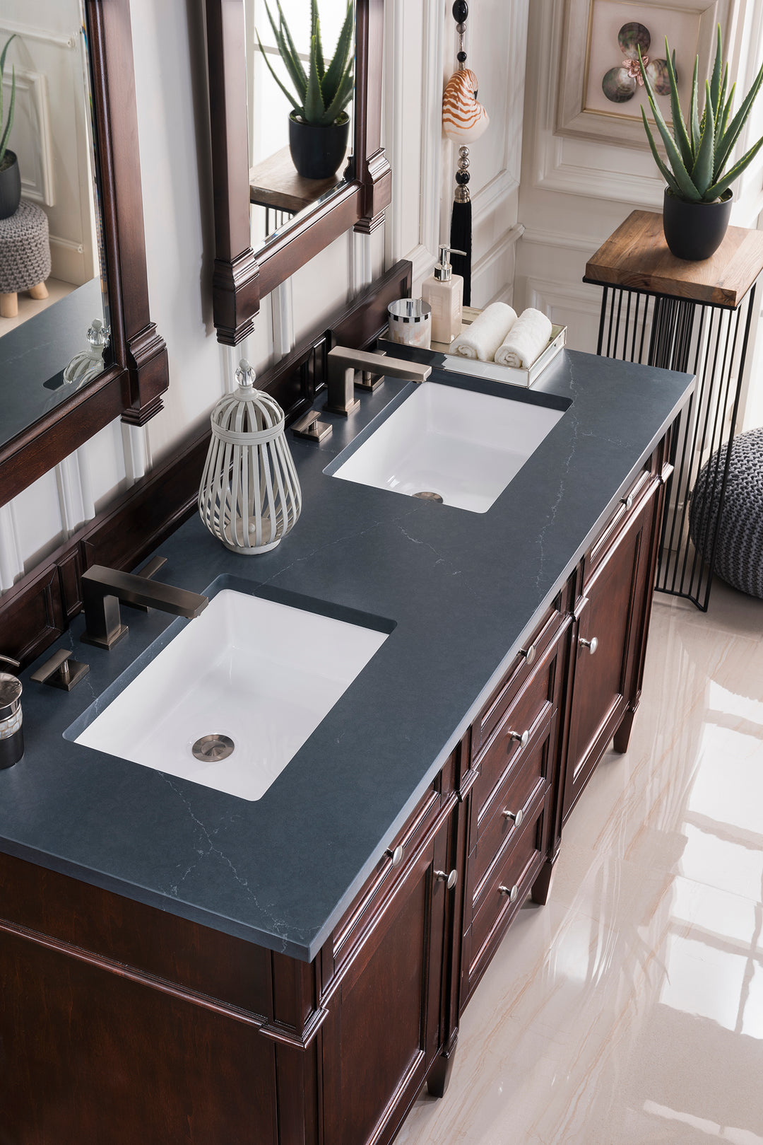 Brittany 60" Double Vanity, Burnished Mahogany w/ 3 CM Charcoal Soapstone Silestone Top