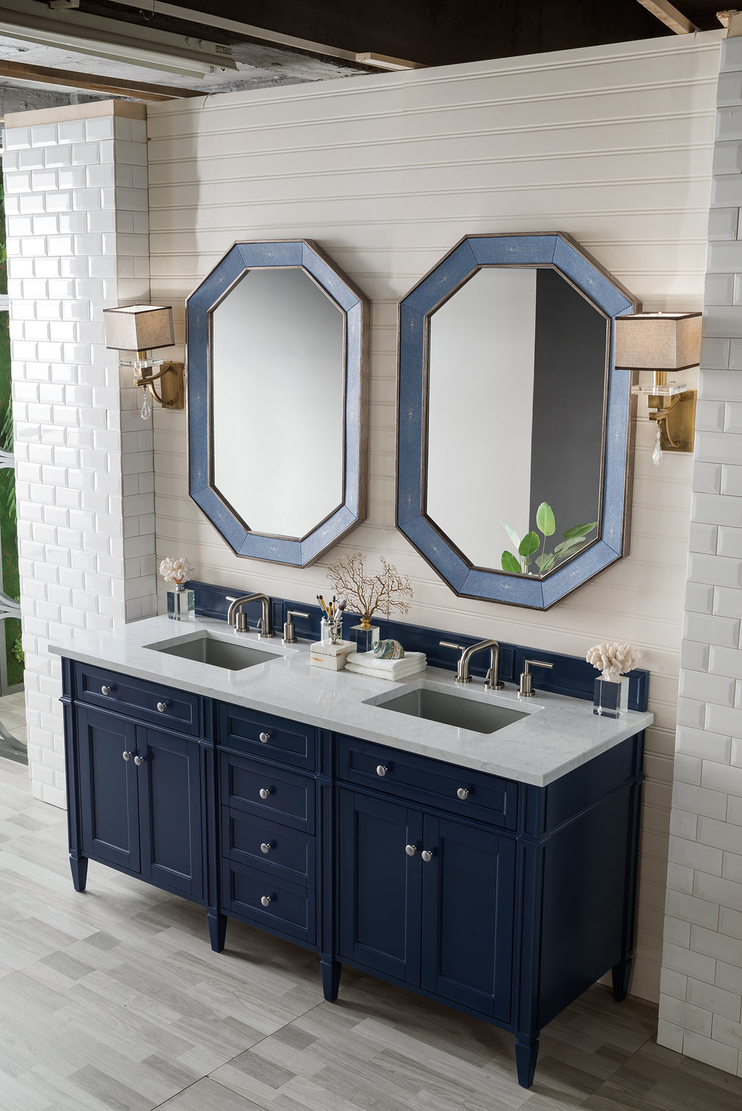 Brittany 72" Double Vanity, Victory Blue w/ 3 CM Eternal Jasmine Pearl Silestone Top w/FreePower Wireless Charger
