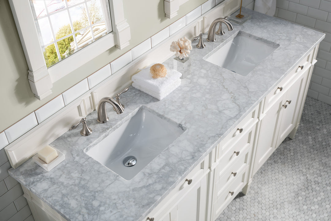 Brittany 72" Double Vanity, Bright White Vanity w/ 3 CM Carrara Marble Top