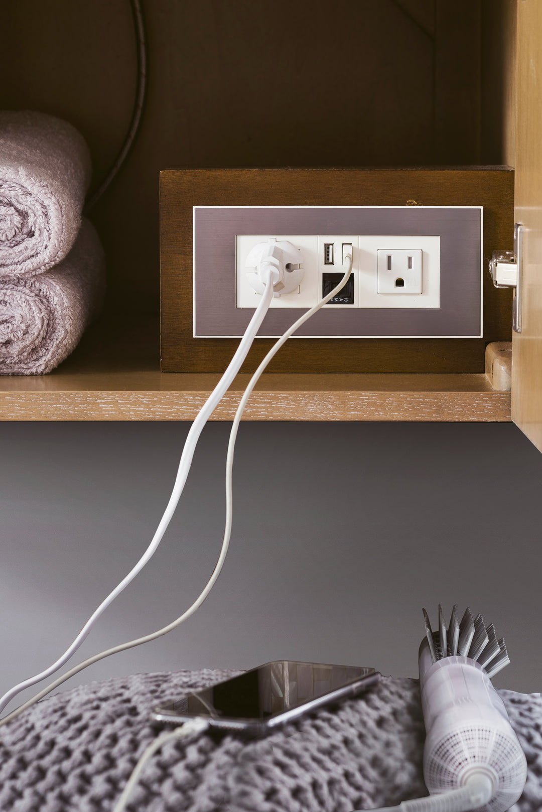 Columbia 59" Double Wall Mount Vanity, Latte Oak, Brushed Nickel w/ Glossy White Composite Stone Top