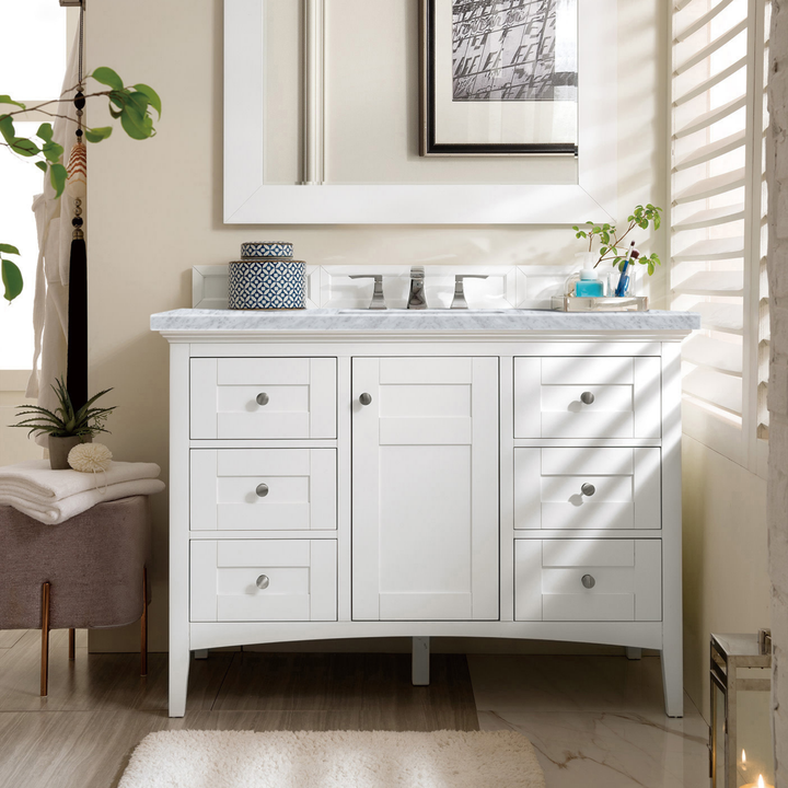 Palisades 48" Single Vanity, Bright White w/ 3 CM Carrara Marble Top
