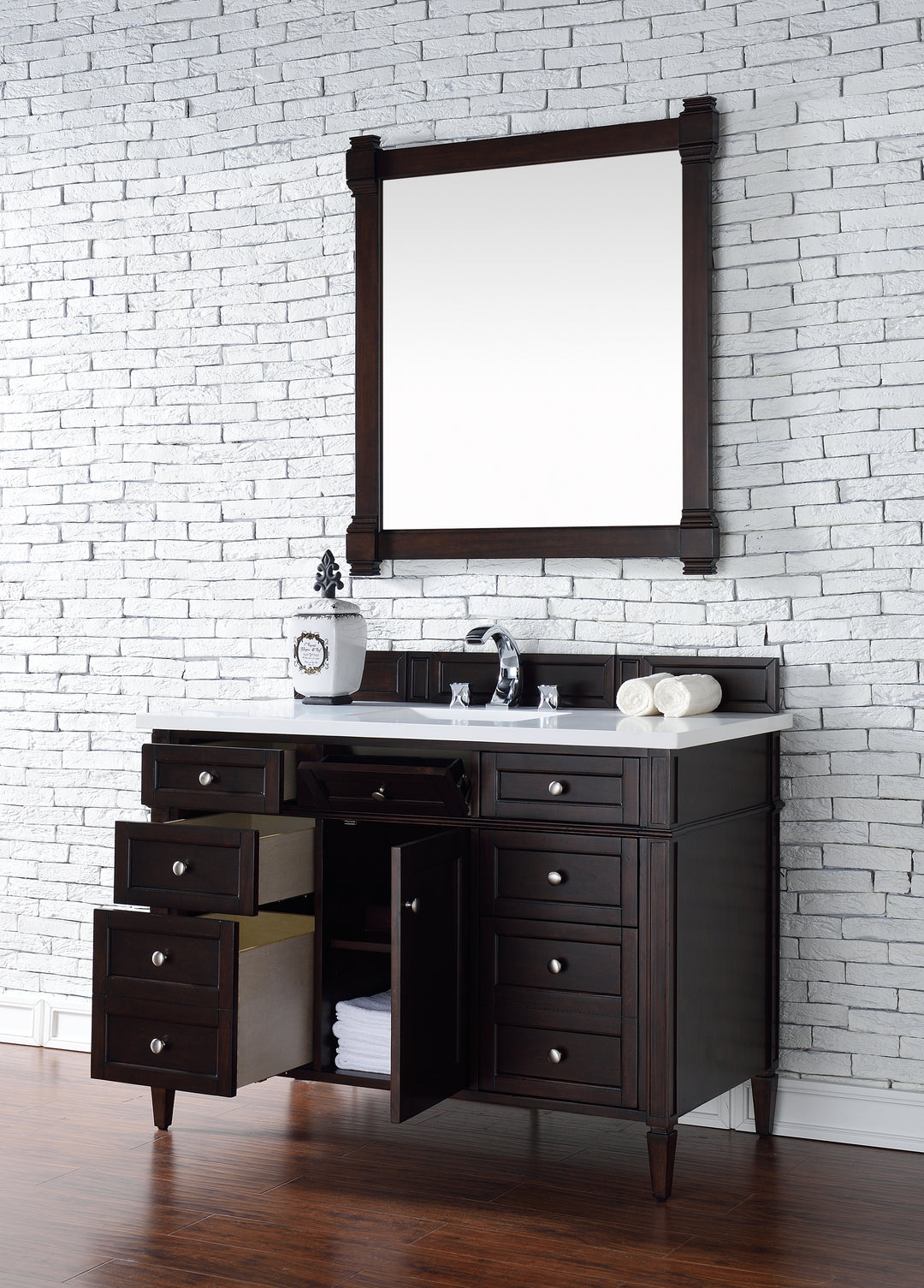 Brittany 48" Single Vanity, Burnished Mahogany w/ 3 CM White Zeus Silestone Top