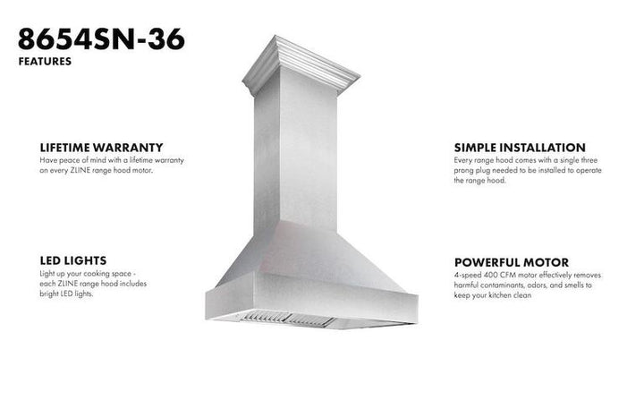ZLINE 36" Professional Gas Range in DuraSnow® Stainless Steel & 36" Range Hood Appliance Package, 2KP-RGSSNRH36