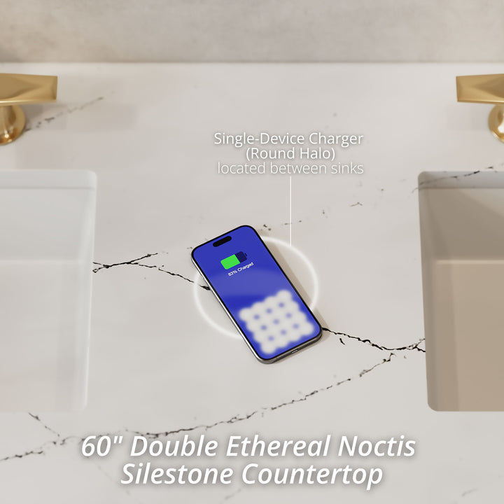 Breckenridge 60" Double Vanity, Bright White, w/ 3 CM Ethereal Noctis Quartz Top w/FreePower Wireless Charger