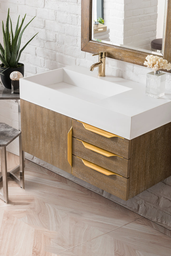 Columbia 36" Single Wall Mount Vanity, Latte Oak, Radiant Gold w/ Glossy White Composite Stone Top