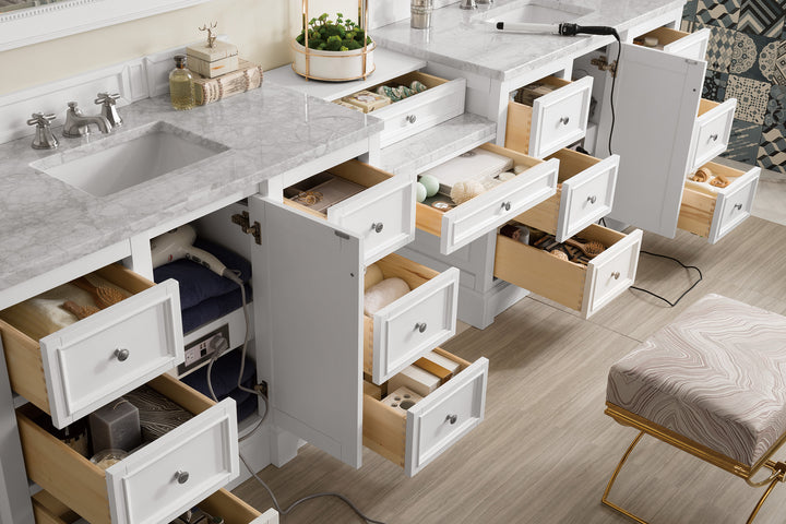 De Soto 118" Double Vanity Set, Bright White w/ 3 CM Carrara Marble Top