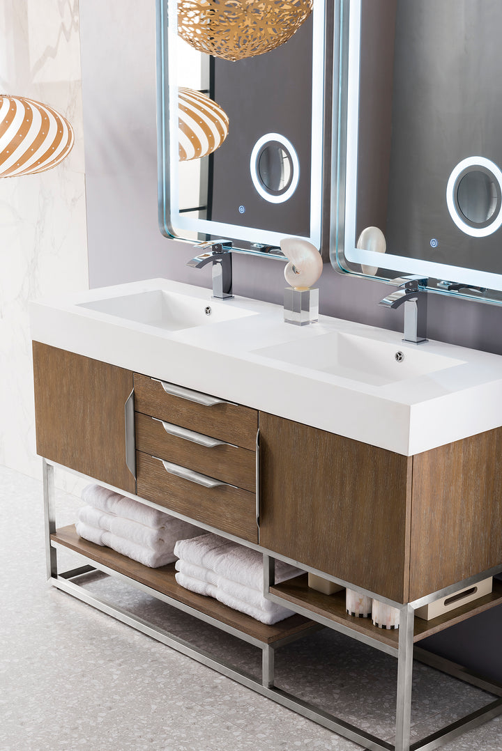 Columbia 59" Double Vanity, Latte Oak, Brushed Nickel w/ Glossy White Composite Stone Top