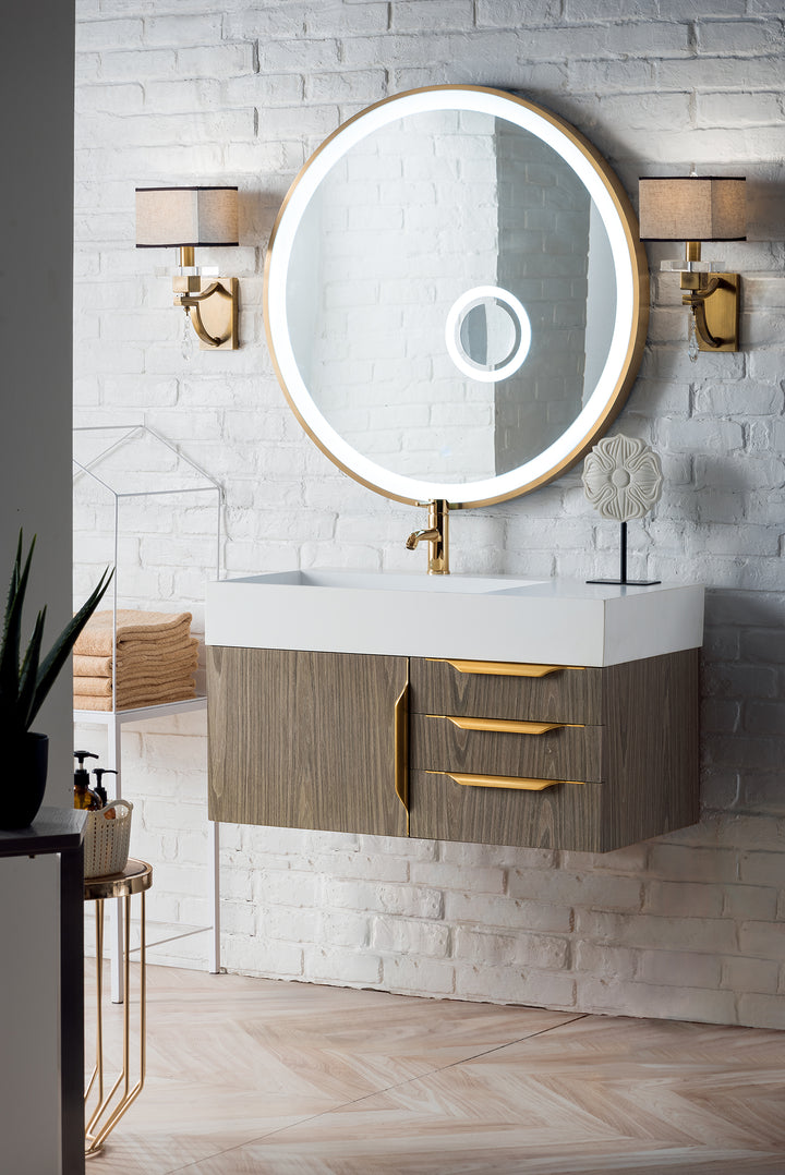 Columbia 36" Single Wall Mount Vanity, Ash Gray, Radiant Gold w/ Glossy White Composite Stone Top
