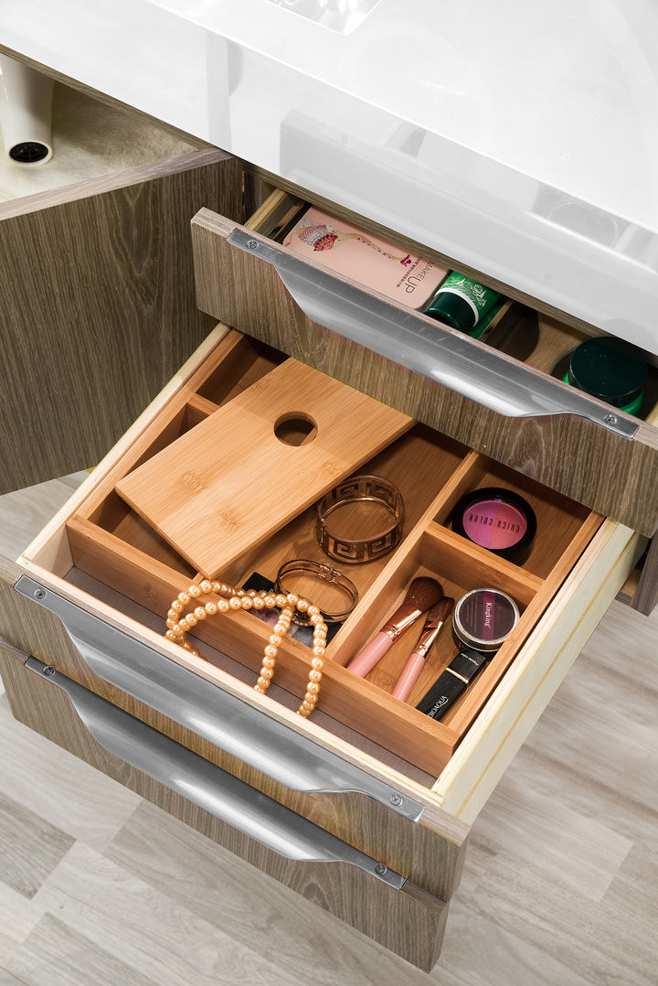 Columbia 48" Single Wall Mount Vanity, Ash Gray, Brushed Nickel w/ Glossy White Composite Stone Top