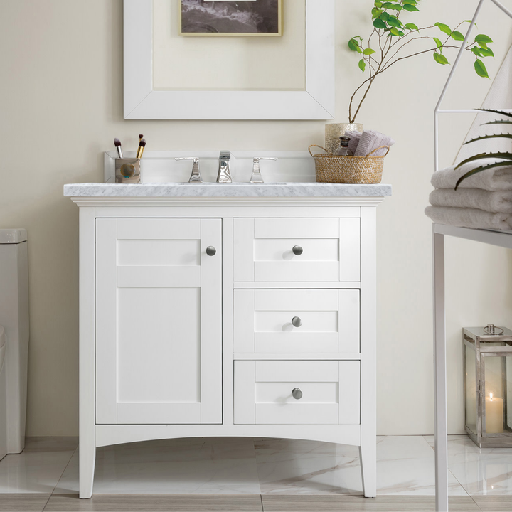 Palisades 36" Single Vanity, Bright White w/ 3 CM Carrara Marble Top