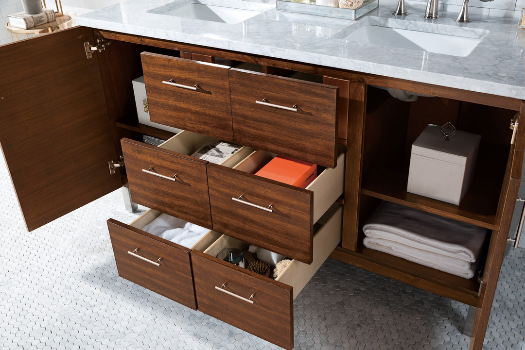 Metropolitan 60" Double Vanity, American Walnut w/ 3 CM Carrara Marble Top