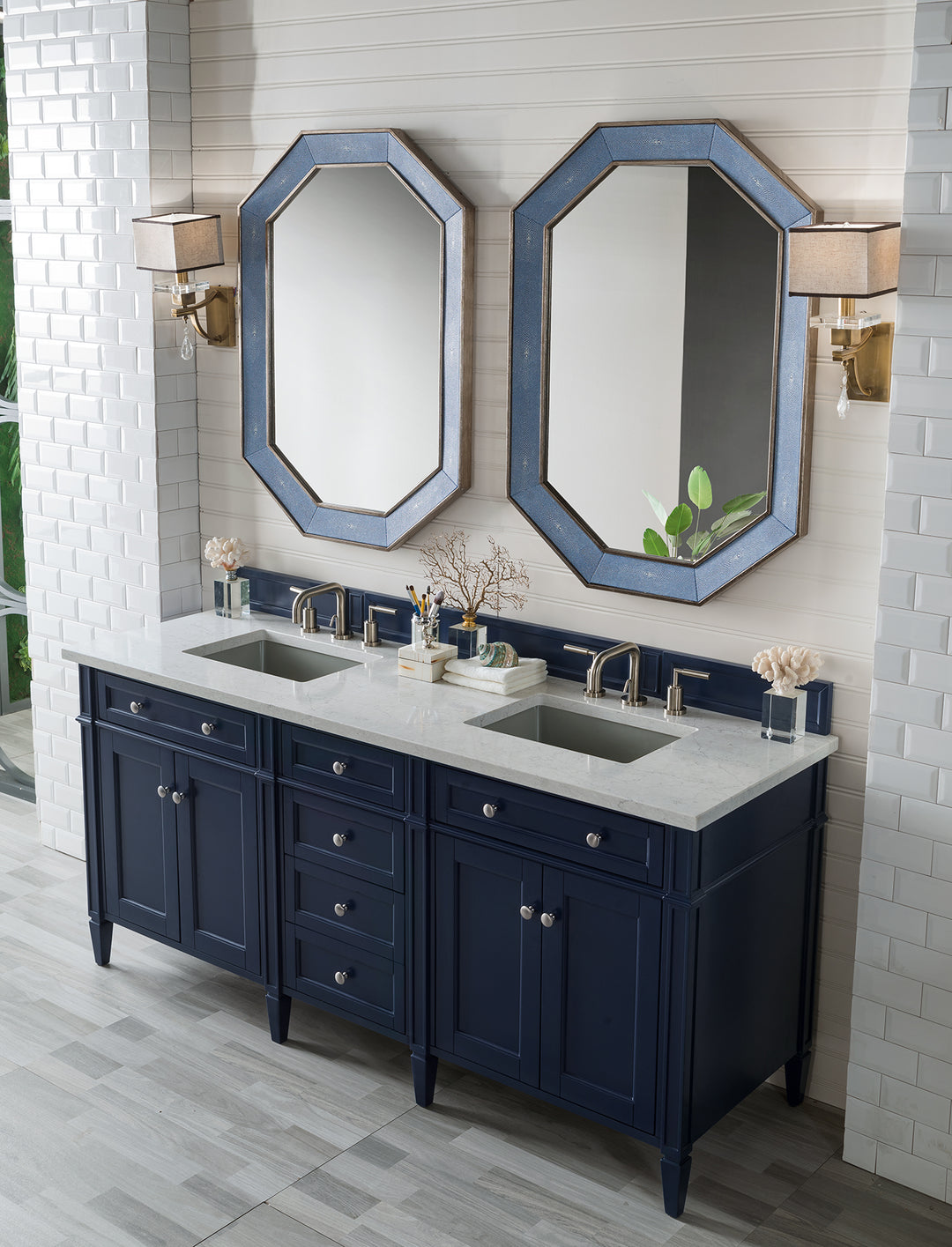 Brittany 72" Double Vanity, Victory Blue w/ 3 CM Eternal Jasmine Pearl Silestone Top w/FreePower Wireless Charger