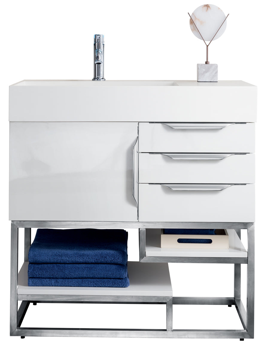 Columbia 36" Single Vanity Cabinet, Glossy White, Brushed Nickel