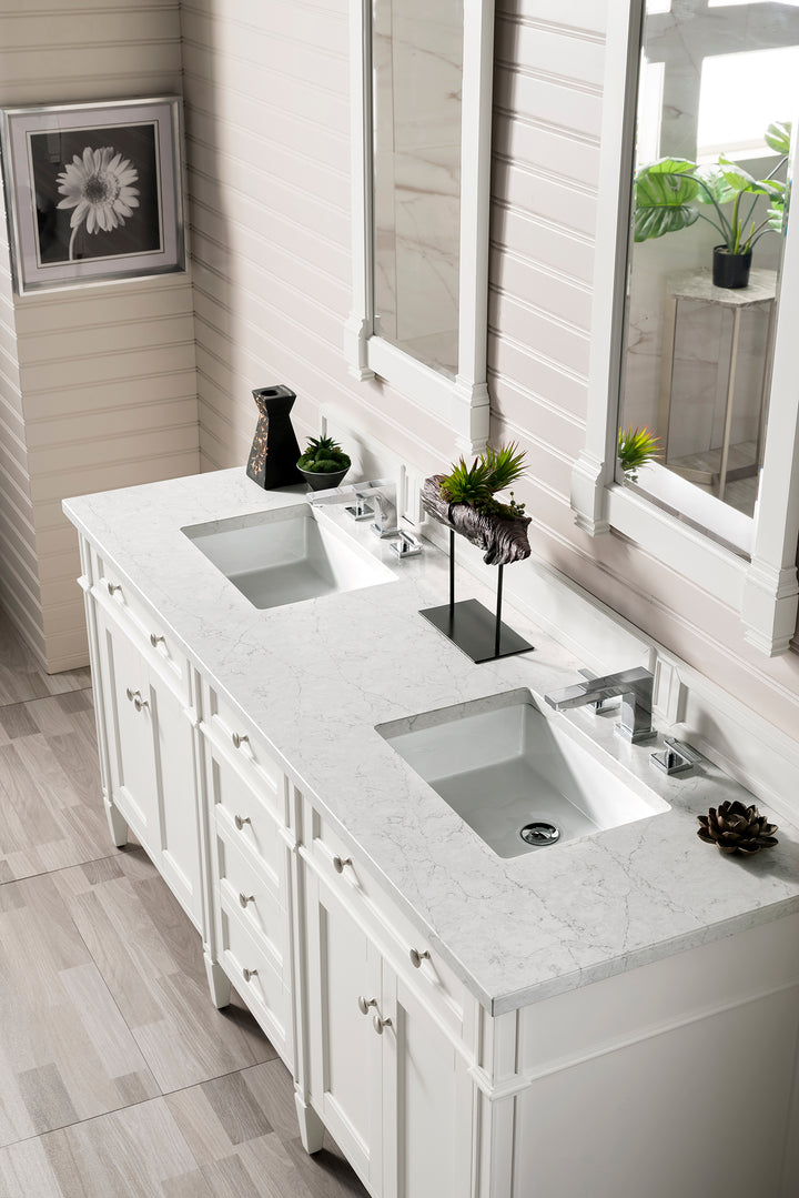 Brittany 72" Double Vanity, Bright White Vanity w/ 3 CM Eternal Jasmine Pearl Silestone Top