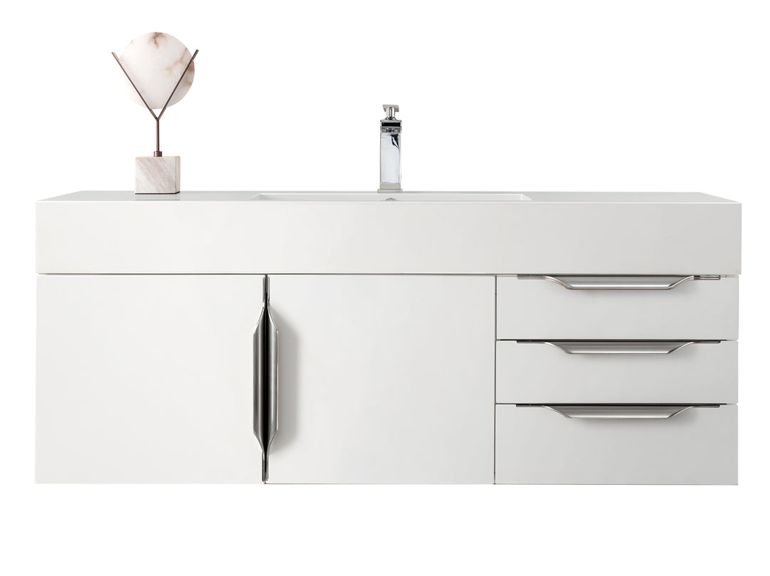 Columbia 48" Single Wall Mount Vanity, Glossy White, Brushed Nickel w/ Glossy White Composite Stone Top