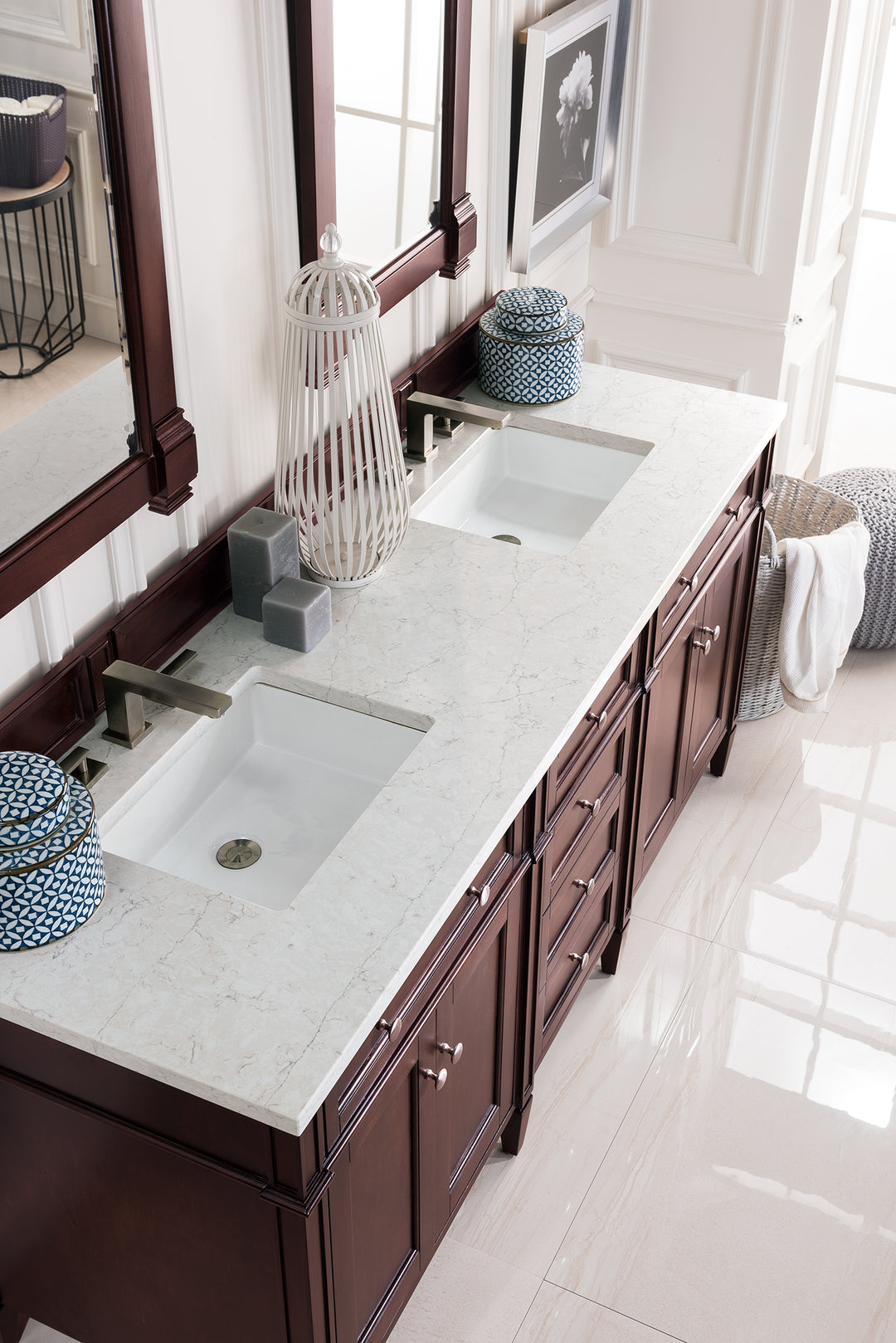 Brittany 72" Double Vanity, Burnished Mahogany w/ 3 CM Eternal Jasmine Pearl Silestone Top