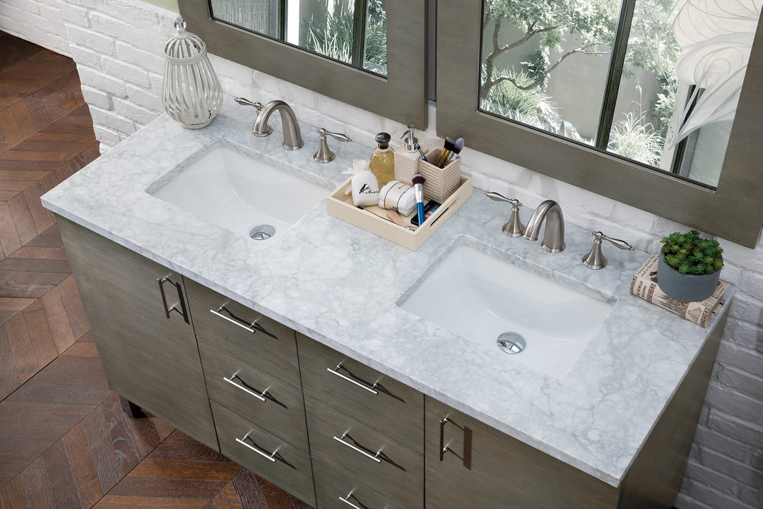 Metropolitan 60" Double Vanity, Silver Oak w/ 3 CM Carrara Marble Top