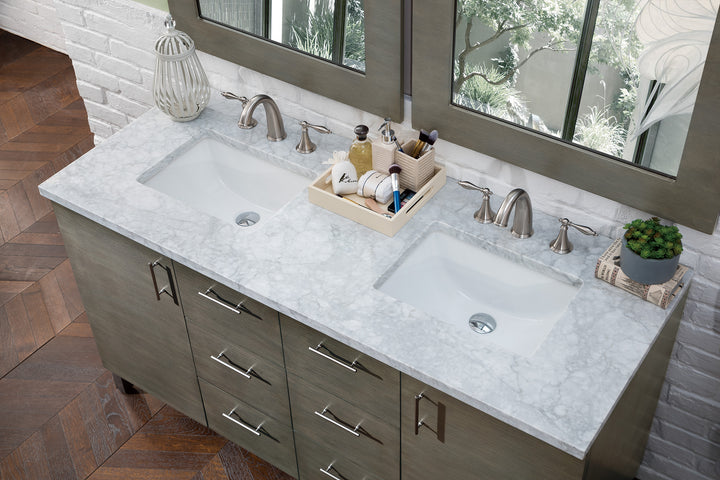 Metropolitan 60" Double Vanity, Silver Oak w/ 3 CM Carrara Marble Top