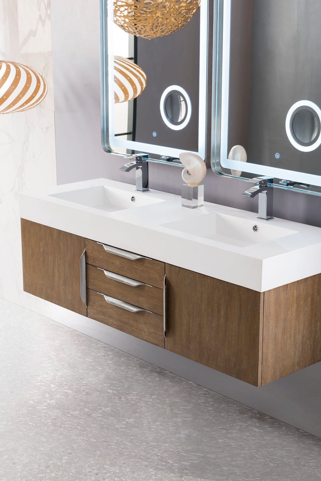 Columbia 59" Double Wall Mount Vanity, Latte Oak, Brushed Nickel w/ Glossy White Composite Stone Top