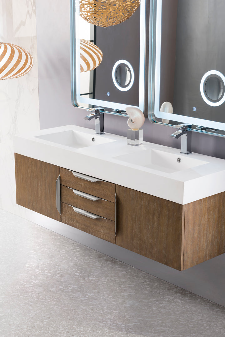 Columbia 59" Double Wall Mount Vanity, Latte Oak, Brushed Nickel w/ Glossy White Composite Stone Top