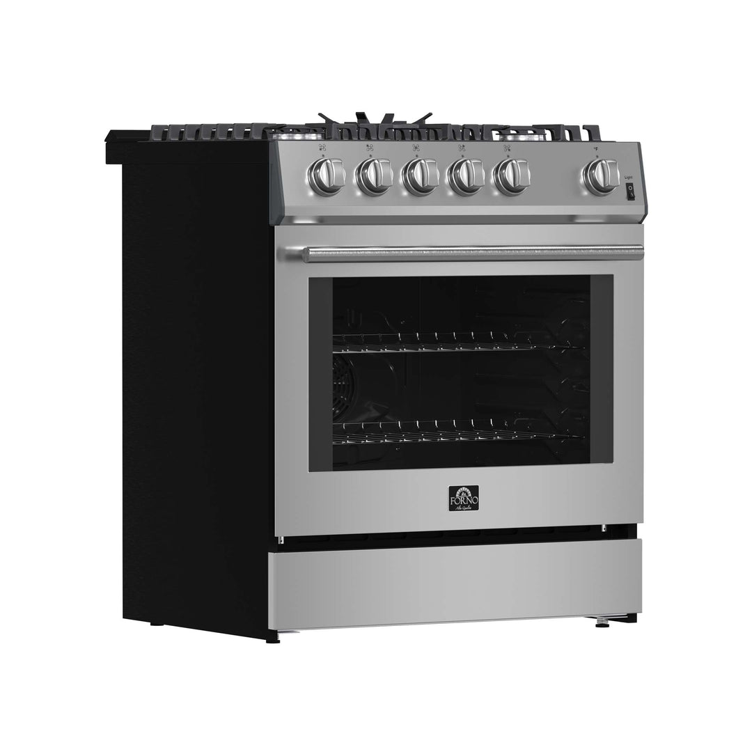 Forno Leonardo 30-Inch Stainless Steel Gas Range, 5 Sealed Burners (Totaling 39,500 BTU), 5 cu.ft. Convection Oven, Continuous Cast Iron Grates, Black Enamel Interior, Auto Re-Ignition, LP Conversion Kit Included