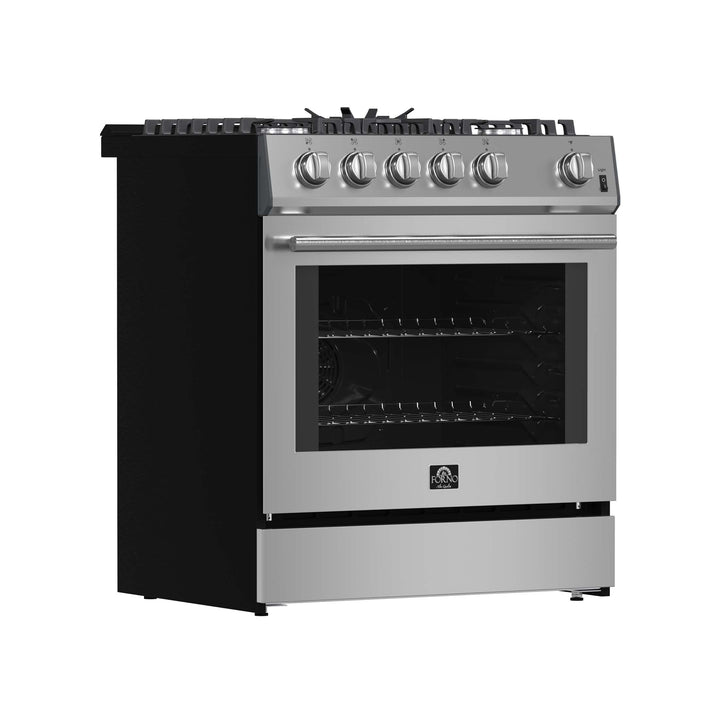 Forno Leonardo 30-Inch Stainless Steel Gas Range, 5 Sealed Burners (Totaling 39,500 BTU), 5 cu.ft. Convection Oven, Continuous Cast Iron Grates, Black Enamel Interior, Auto Re-Ignition, LP Conversion Kit Included
