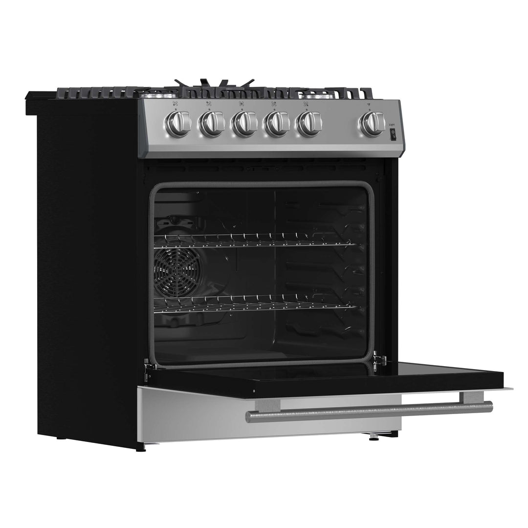 Forno Leonardo 30-Inch Stainless Steel Gas Range, 5 Sealed Burners (Totaling 39,500 BTU), 5 cu.ft. Convection Oven, Continuous Cast Iron Grates, Black Enamel Interior, Auto Re-Ignition, LP Conversion Kit Included