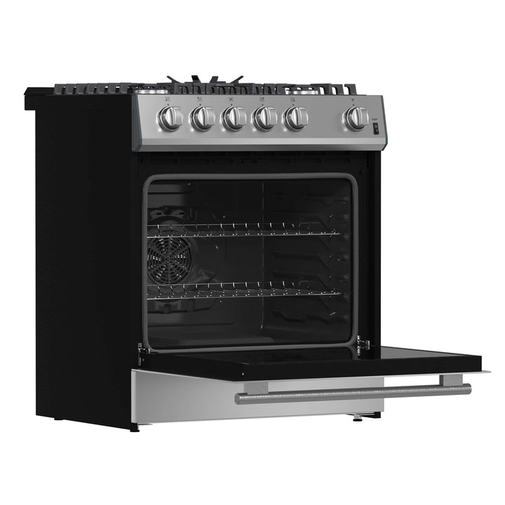 Forno Leonardo 30-Inch Stainless Steel Gas Range, 5 Sealed Burners (Totaling 39,500 BTU), 5 cu.ft. Convection Oven, Continuous Cast Iron Grates, Black Enamel Interior, Auto Re-Ignition, LP Conversion Kit Included