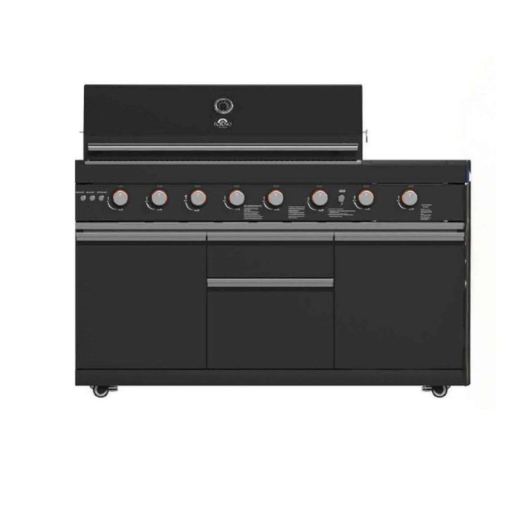 Forno All’Aperto 99,600 BTU Outdoor Kitchen, 5 Burners, Infrared Burners, Side Burner, Black Sintered Stone Countertops, Gas Pizza Oven, Sink Module, Bar & Beverage Center