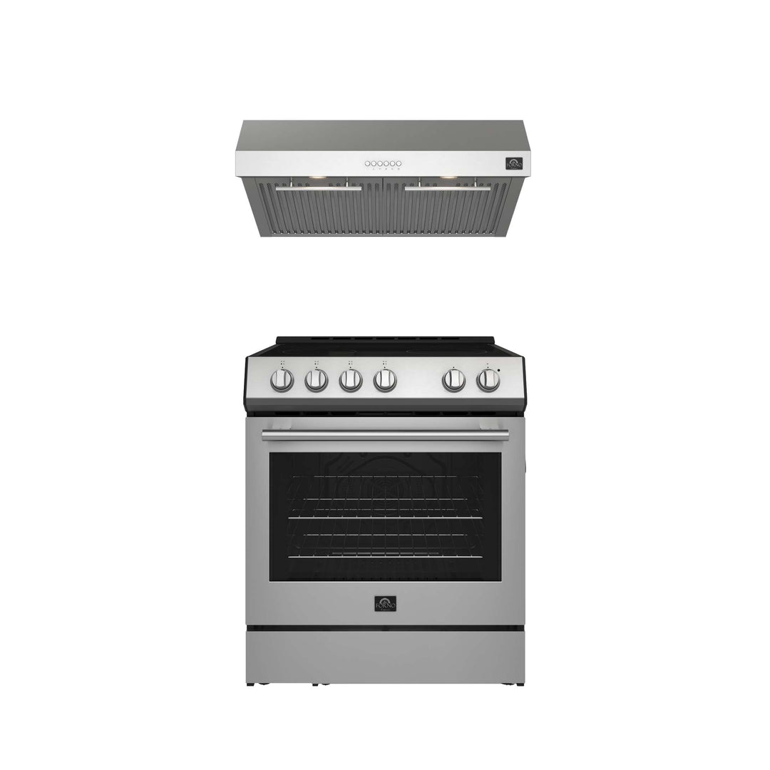 FORNO Premium 2-Piece Kitchen Bundle - Leonardo Espresso 30" Stainless Steel Range, 30" Stainless Steel Range Hood - FBDL-002-01US