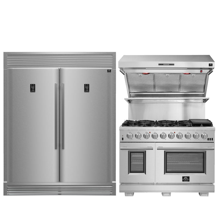 FORNO Premium 3-Piece Kitchen Bundle - FORNO Capriasca 48" Freestanding Gas Range, FORNO Rizzuto 60" W. Dual Combo Convertible Refrigerator, FORNO 48" Wall Mount Range Hood - FBDL-019-05US