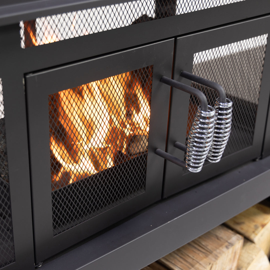 70 Inch Rectangular Outdoor Steel Woodburning Fireplace with Log Storage Compartment & Side Tables