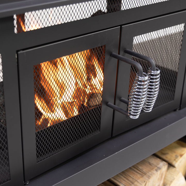 70 Inch Rectangular Outdoor Steel Woodburning Fireplace with Log Storage Compartment & Side Tables