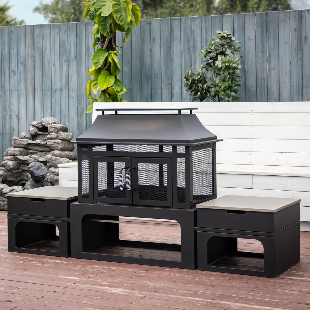 70 Inch Rectangular Outdoor Steel Woodburning Fireplace with Log Storage Compartment & Side Tables