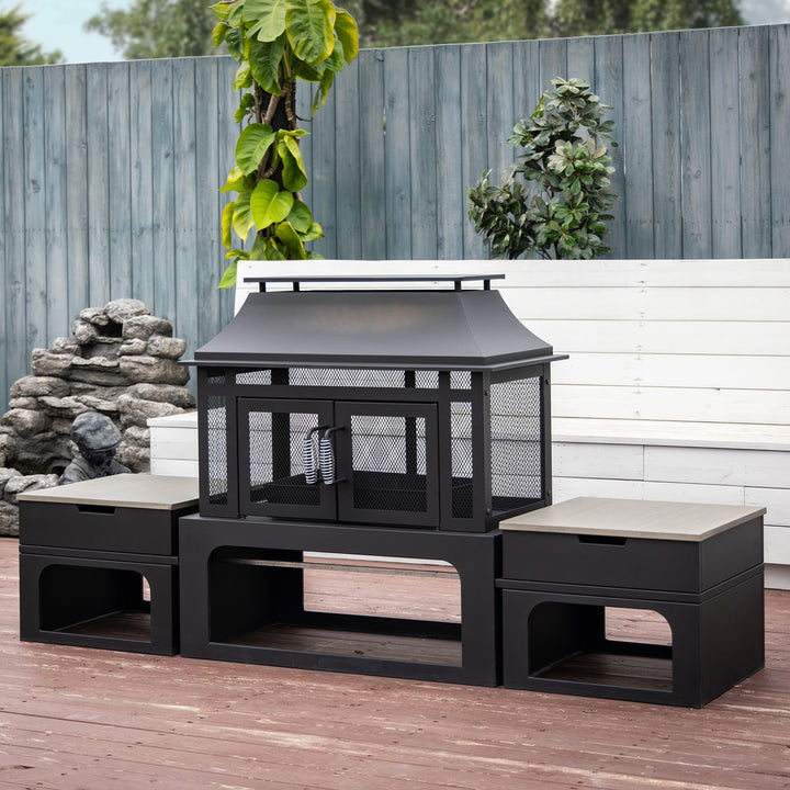 70 Inch Rectangular Outdoor Steel Woodburning Fireplace with Log Storage Compartment & Side Tables