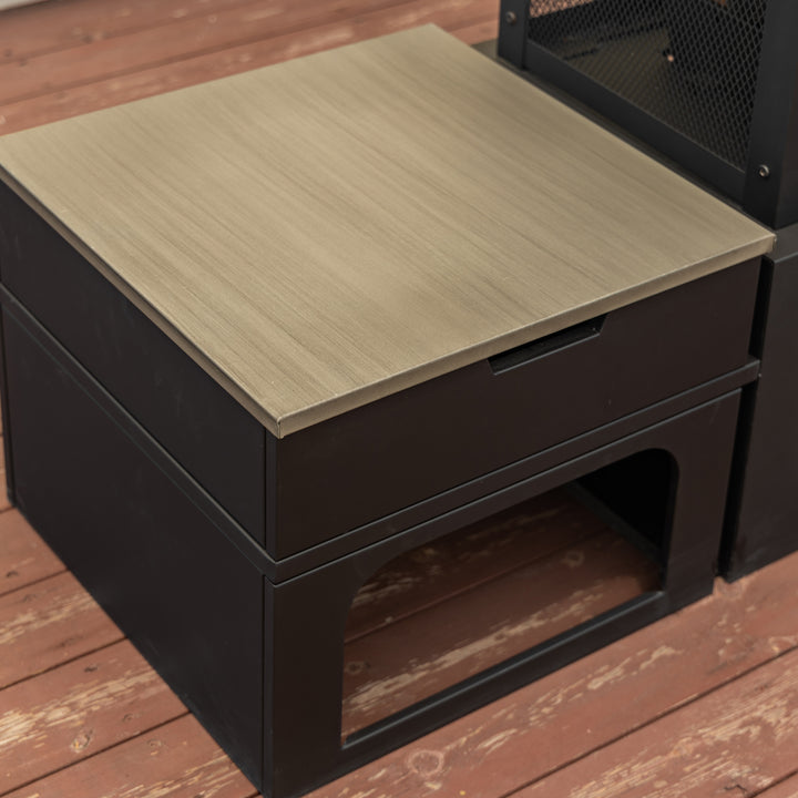 70 Inch Rectangular Outdoor Steel Woodburning Fireplace with Log Storage Compartment & Side Tables