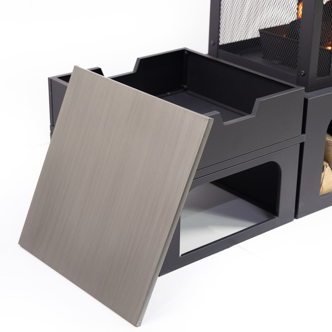 70 Inch Rectangular Outdoor Steel Woodburning Fireplace with Log Storage Compartment & Side Tables