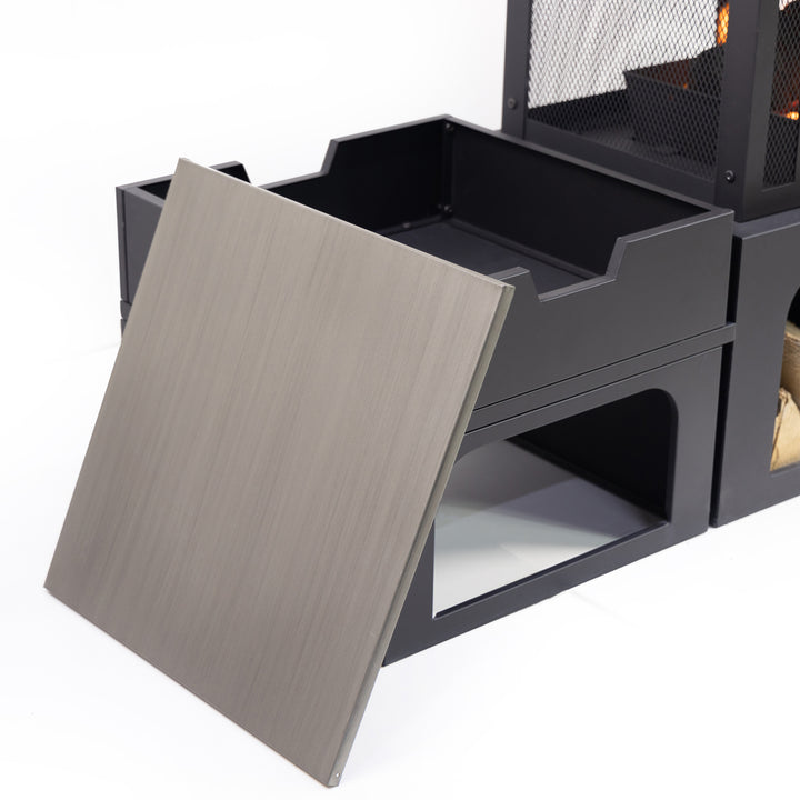 70 Inch Rectangular Outdoor Steel Woodburning Fireplace with Log Storage Compartment & Side Tables